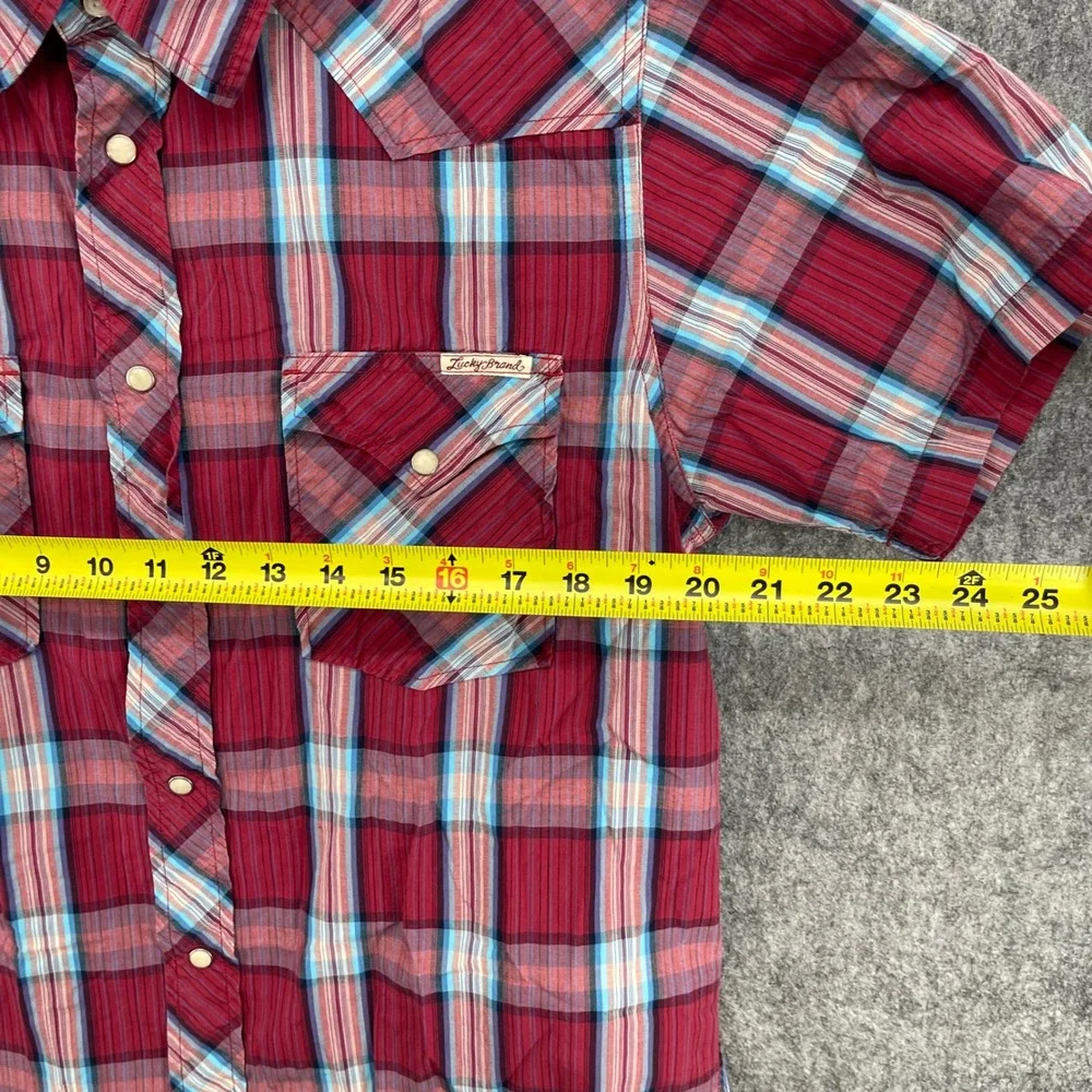 Lucky Brand Shirt Mens Large Red Plaid Short Sleeve Western Pearl Snap Cowboy